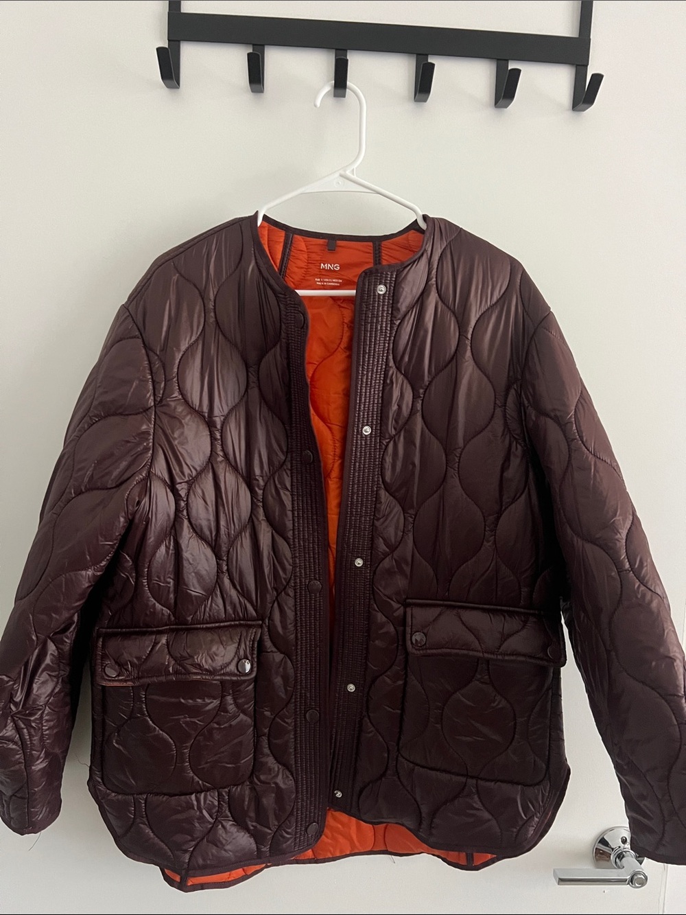 MANGO Quilted Puffer Jacket in Dark Brown/Purple and Orange Interior